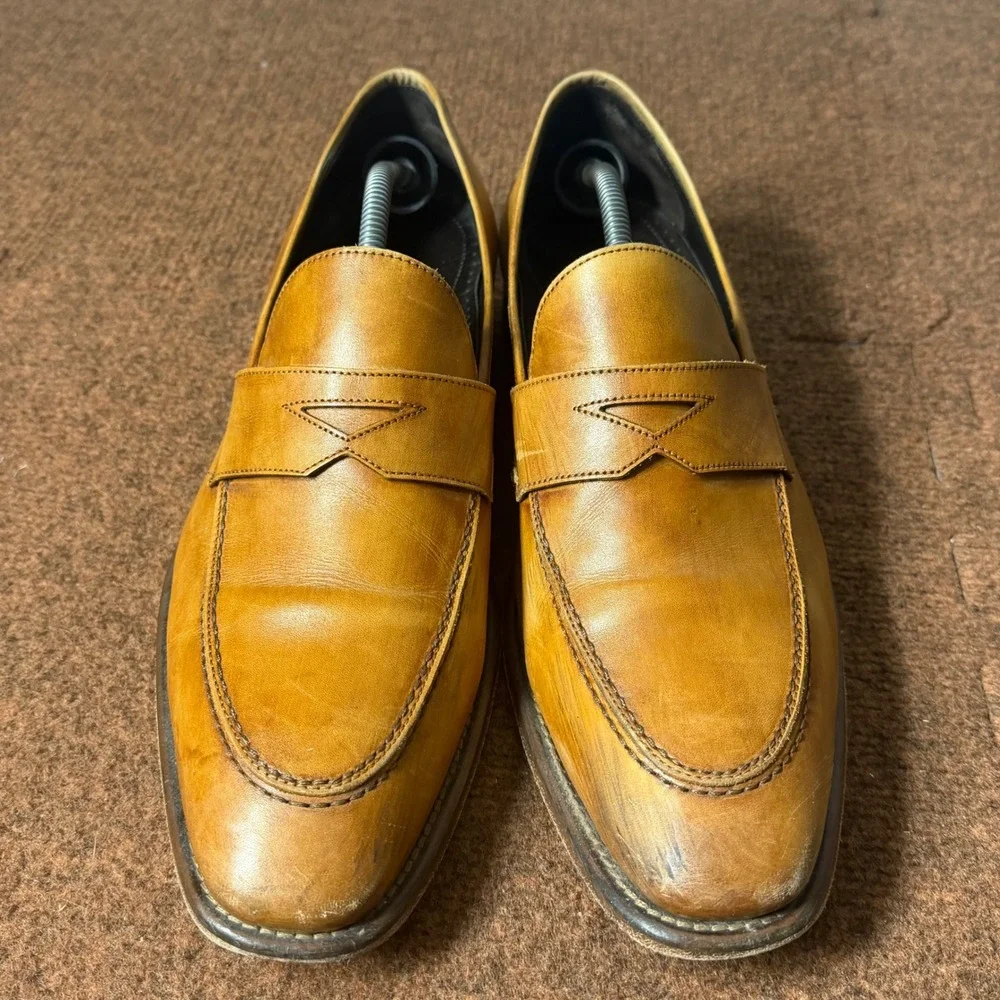 B- Johnston & Murphy Collection Mens Tan Leather Penny Loafers Italy 24-2800 12M